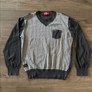 Vintage Y2K Marc Ecko Grey & White Checkered V-Neck Sweater, Size Large